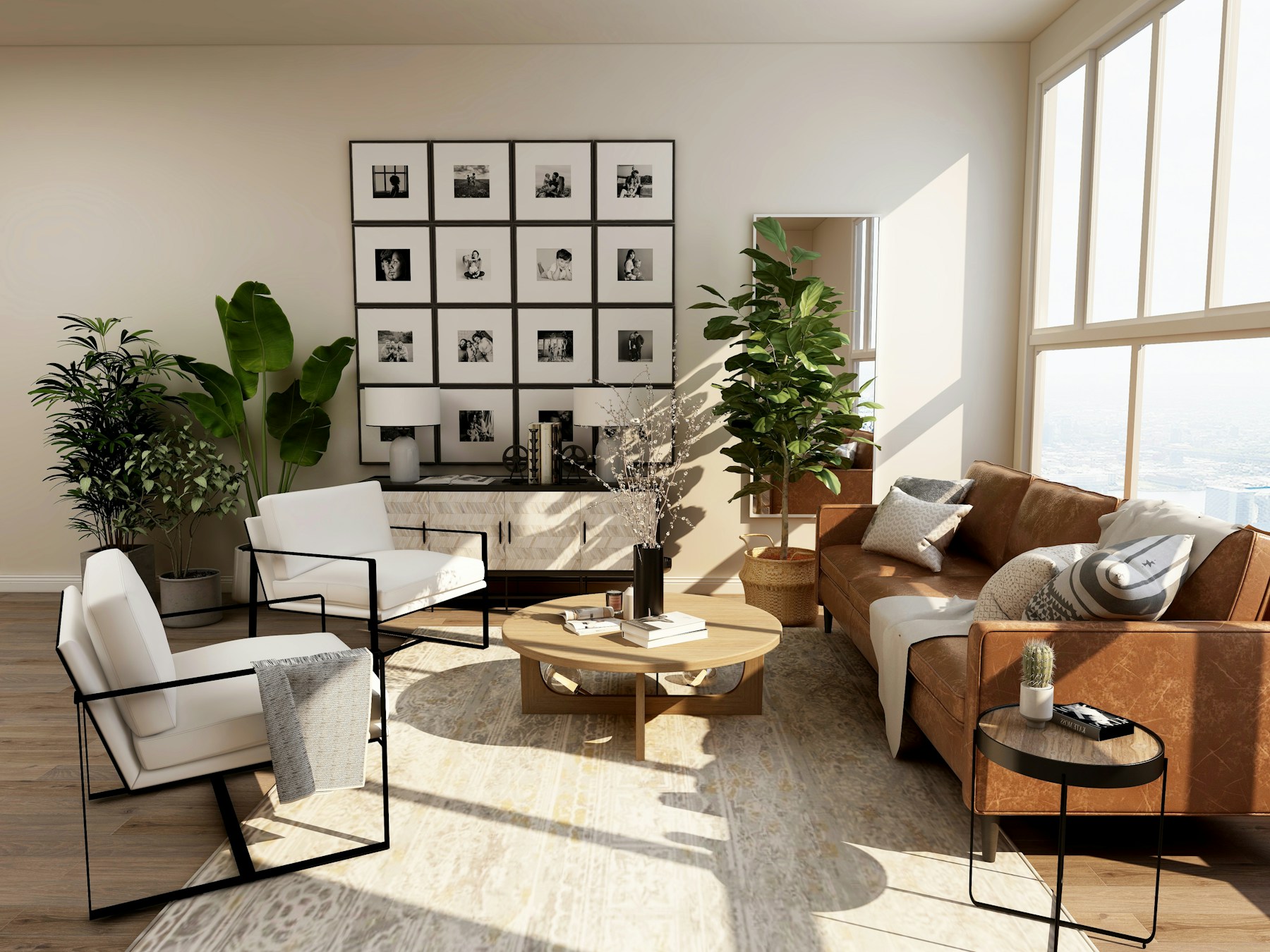A welcoming neutral living room with natural light and comfortable seating